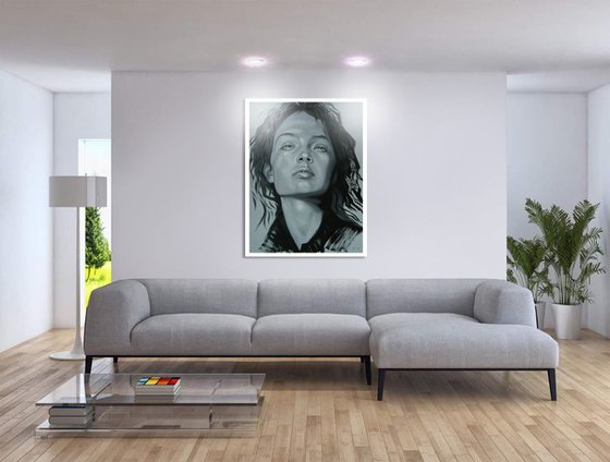 !RESERVED FOR PAUL - FREEDOM (80x60cm.) Black and white portrait of a girl with green eyes