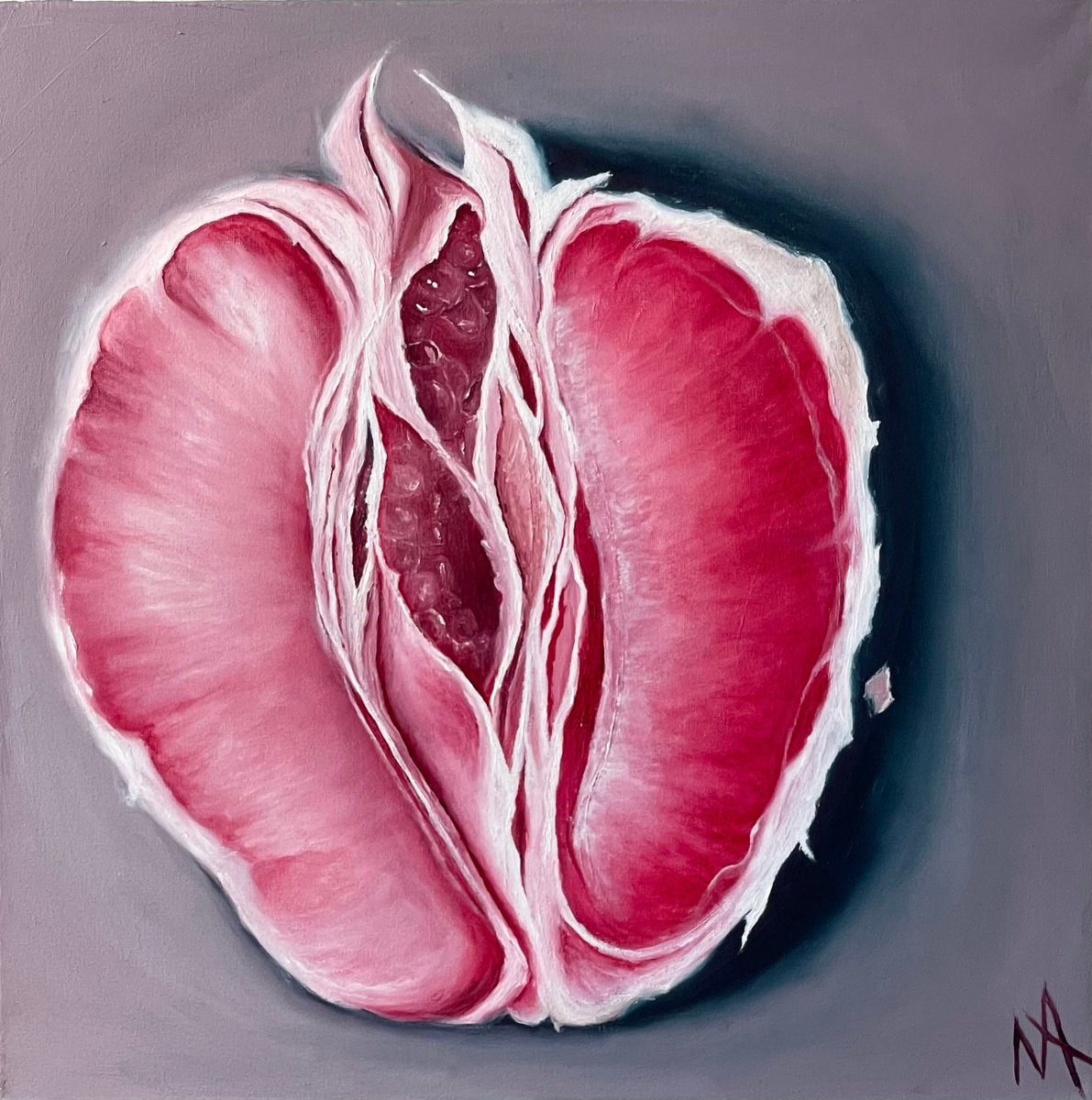 Photorealistic Still Life Oil Painting By Anastasiia Novitskaya, 20 X 20, Grapefruit, Original Artwork