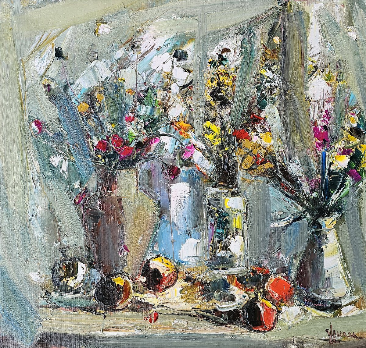 Abstract Still Life Oil Painting By Vlas Ayvazyan, 24 X 24", Fragments Of Still Life, Original Artwork