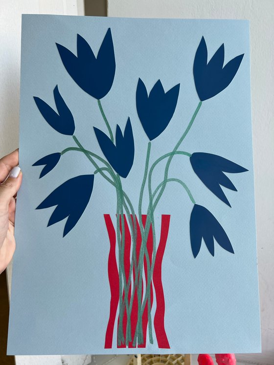 Blue Tulips in Striped Vase