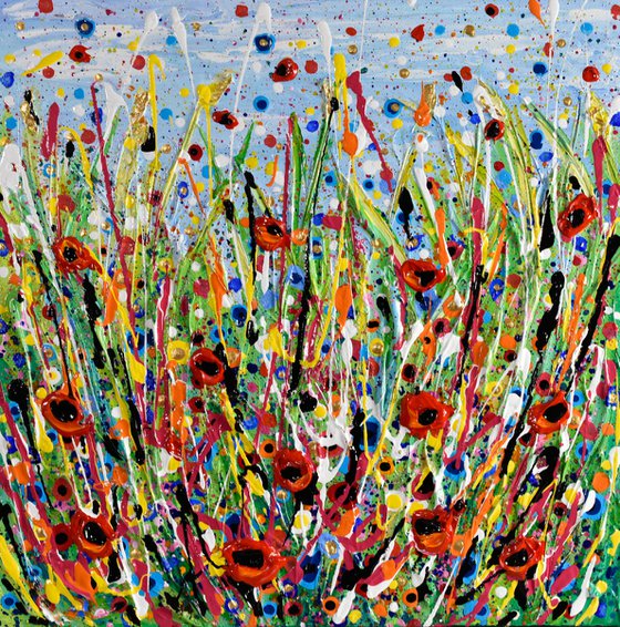 Poppy Meadow II - Wildflower field Painting, Textured Wall Art