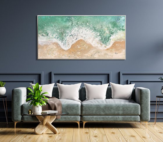 Waves - Sea Canvas Impasto Abstract Painting, Blue Green Sea Landscape, Living Room Art, Minimalist Art, Wall Art Decor