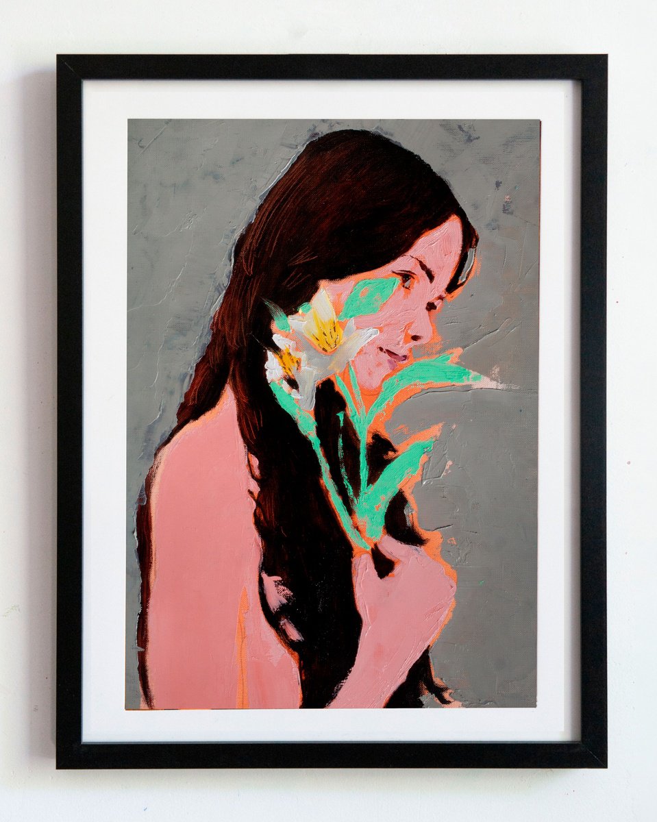 Impressionistic Portrait Oil Painting By Bohdan Katolyk, 15 X 19, Girl With Flower, Original Artwork