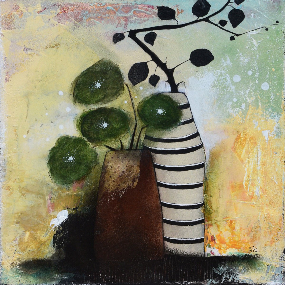 Naive Still Life Acrylic Painting By Armandine Js, 12 X 12, Natural Mood # 6, Original Artwork