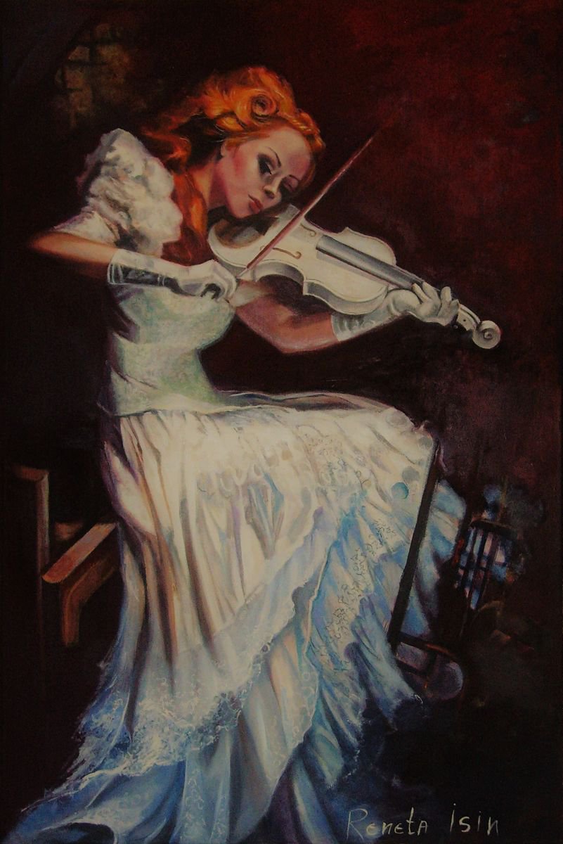 Impressionistic Portrait Oil Painting By Reneta Isin, 31 X 47", Violinist, Original Artwork