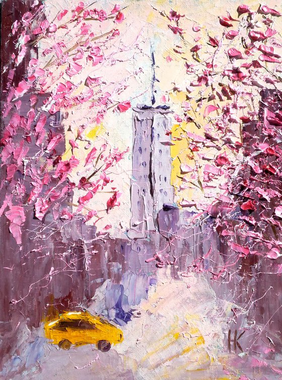 New York Painting Cityscape Original Art Yellow Taxi Oil Impasto Artwork Flowering Sakura Small Home Wall Art