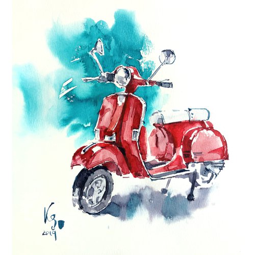 Watercolor sketch "Bright red retro moped on a turquoise background" original illustration by Ksenia Selianko