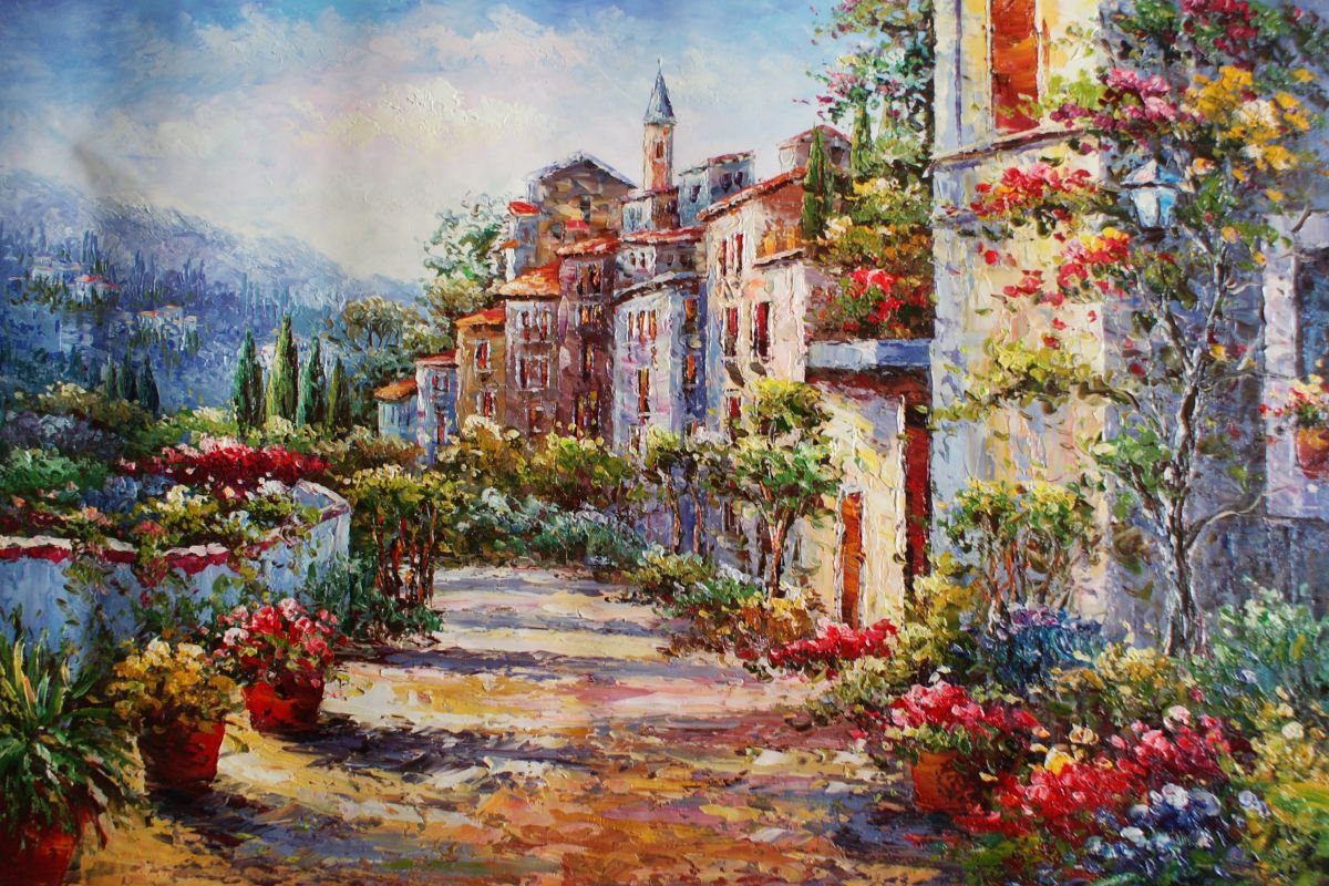Street of Santorini canvas / oil. Size 60x90 cm. by Thomas Wu