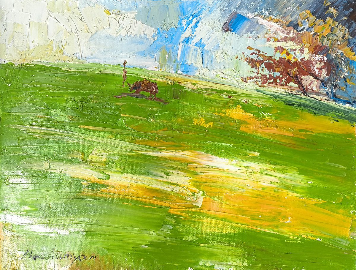 Impressionistic Landscape Oil Painting By Vahe Bagumyan, 16 X 12", Beneath The Open Sky, Original Artwork