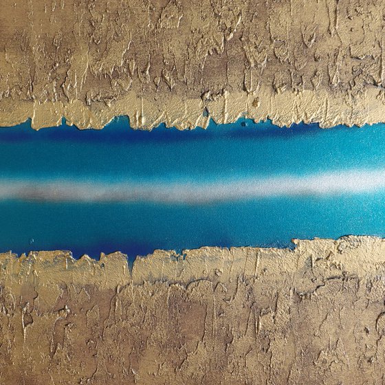 blue stripe & gold long painting A938 50x200x2 cm decor Vertical original abstract art Large paintings stretched canvas acrylic art industrial metallic textured wall art by artist Ksavera