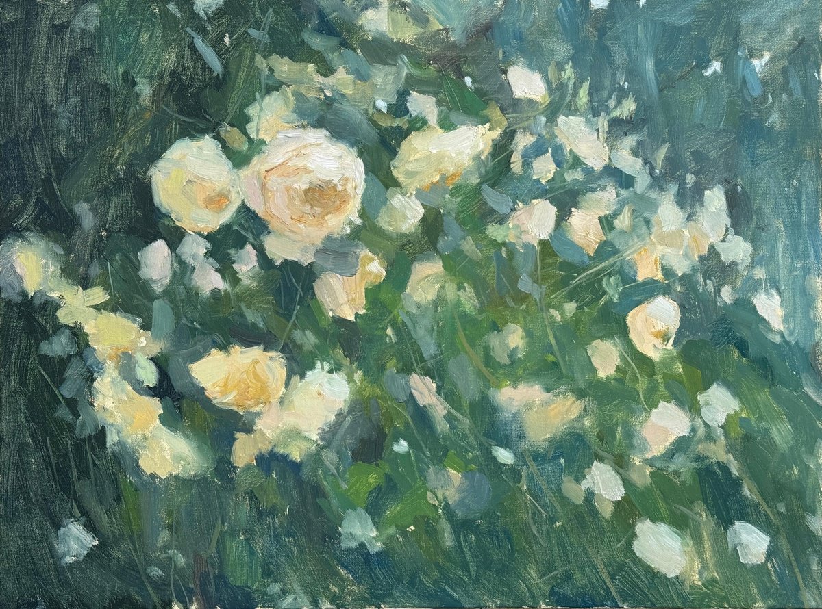 Impressionistic Botanical Oil Painting By Alex James Long, 24 X 18, Blooming Roses, Original Artwork