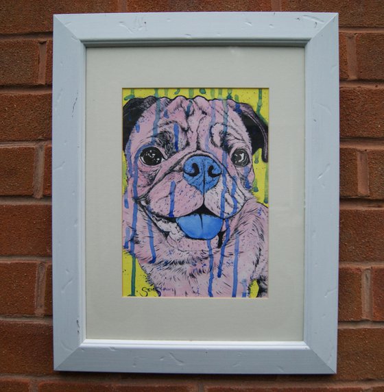 Pink Pug. Dog Painting. Acrylic on paper. A4. Free Shipping