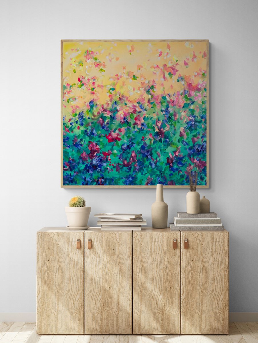 Expressive Abstract Acrylic Painting By Katherine Spiller, 36 X 36", Sunlit Petal Drift, Original Artwork