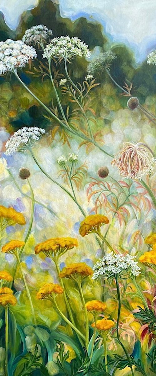 'Growth'- Wild garden painting with Achillea & cow parsley by Anita Nowinska