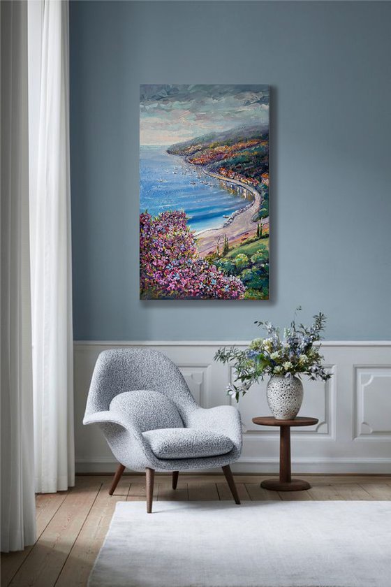 Lagoon sea view. Original oil painting. Flowers