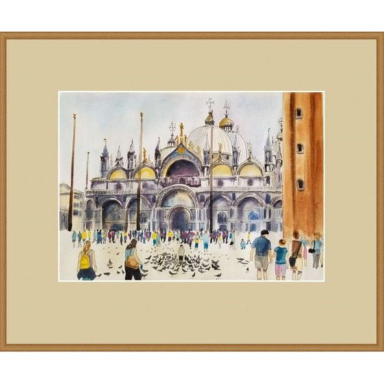 Saint Mark's Basilica in Venice (Basilica di San Marco) Original Watercolor Painting on Cold Press Paper 300 g/m or 140 lb/m. Cityscape Painting. Wall Art. 11" x 15". 27.9 x 38.1 cm. Unframed and unmatted.