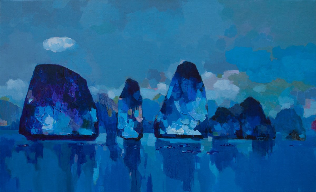 Expressive Landscape Acrylic Painting By The Khanh Bui, 55 X 33", Ha Long Bay No.78, Original Artwork