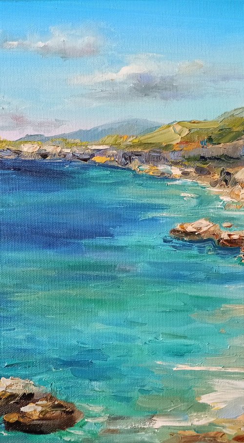 Sailboats oil painting sailing regatta blue ocean landscape wall decor 12x16" by Leyla Demir