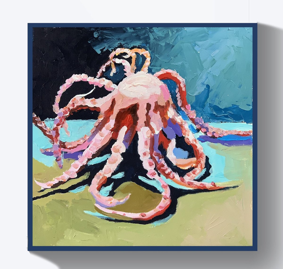 Impressionistic Animal Oil Painting By Vita Schagen, 10 X 10", Pink Octopus., Original Artwork