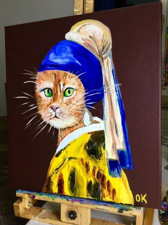 Cat with the pearl earring inspired by Vermeer painting feline art for cat lovers gift idea