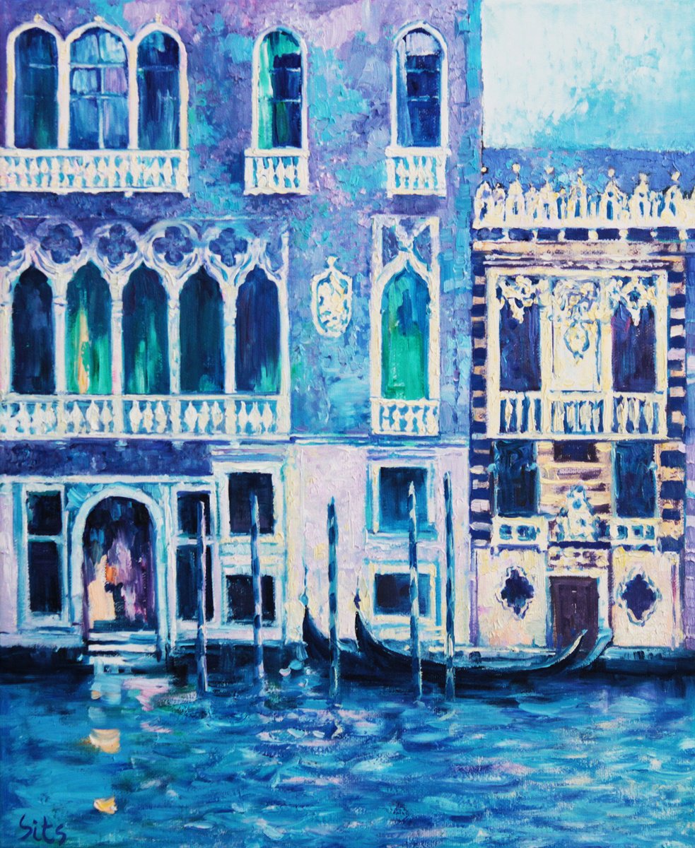 Impressionistic Cityscapes Oil Painting By Andrei Sitsko, 16 X 20, Blue Venice. Landscape Series., Original Artwork