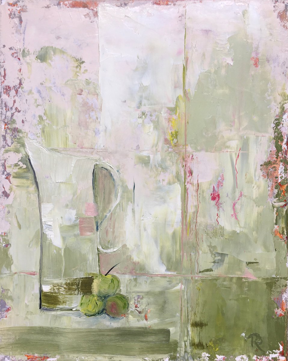 Naive Still Life Oil Painting By Rebecca Pells, 8 X 10", Pitcher With Apples, Original Artwork