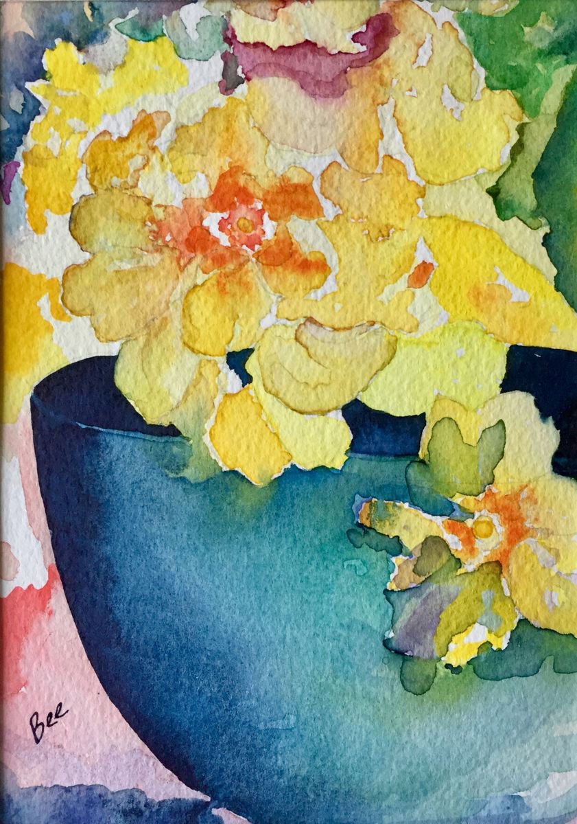 Yellow Begonias in Blue Vase by Bee Inch