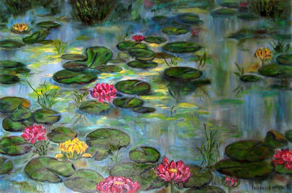 Water Lilies in the Pond Modern Oil Artwork Monet Inspiration for Wall Decor Blue Bridal M... by Katia Ricci