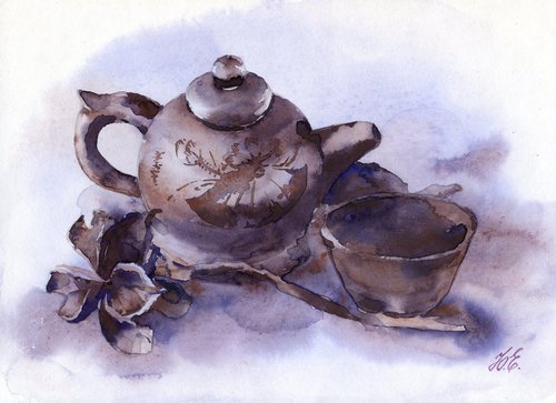 Brown teapot, cup and tree peony flower by Yulia Evsyukova