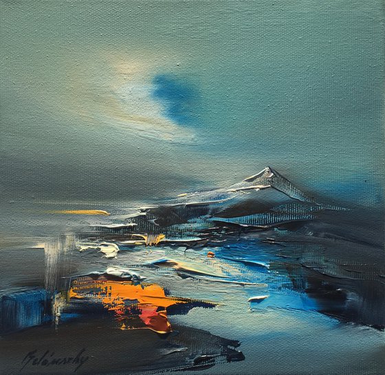 Midnight Walk - 20 x 20 cm, abstract mountain oil painting in blue and orange