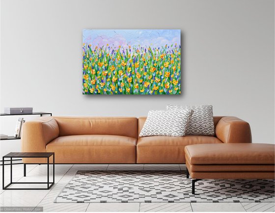 Yellow Flowers Meadow - Heavy Impasto Landscape Painting, Textured Knife Floral Art