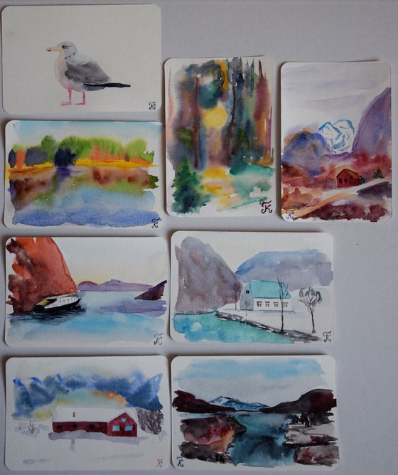 Set of 8 cards - original watercolor sketches from Norway