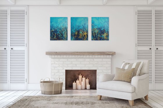 Blue and Gold Abstract Textured Painting. Triptych