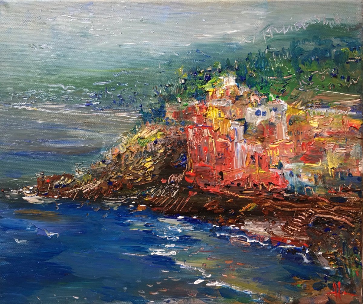 Impressionistic Landscape Acrylic Painting By Altin Furxhi, 12 X 10, Riomaggiore Cinque Terre., Original Artwork