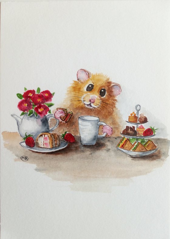 Hamster in Cafe with Coffee and Goodies