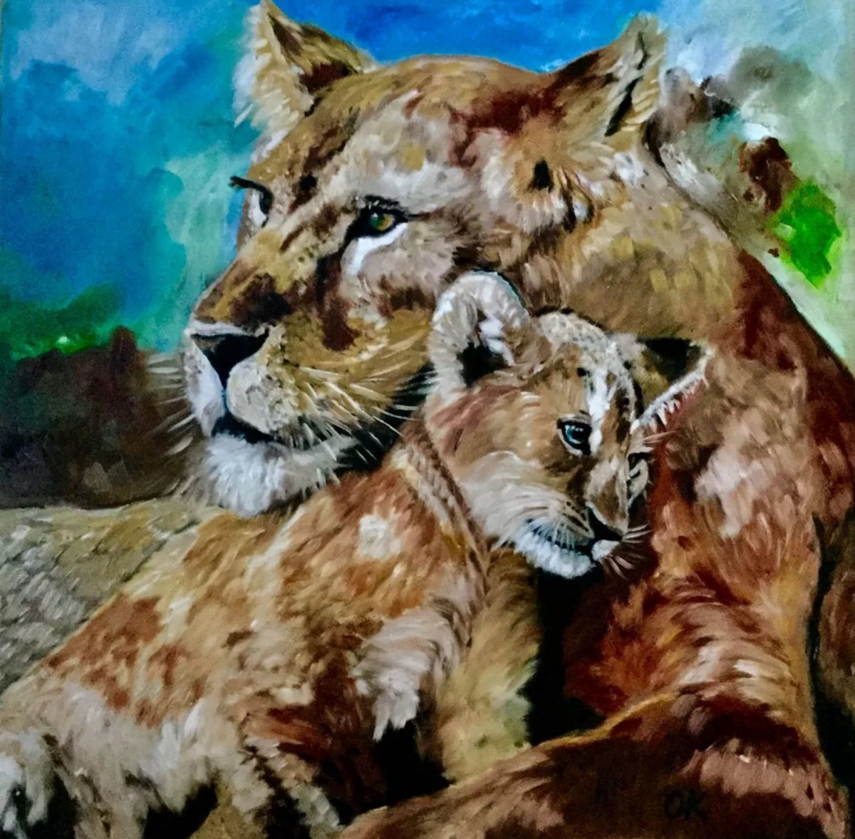 Impressionistic Animal Oil Painting By Olga Koval, 24 X 24", My Mum The Best...., Original Artwork