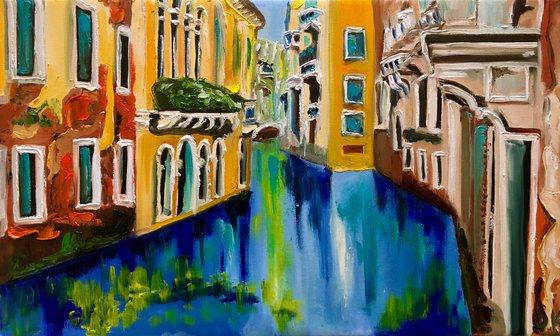 Venice #10. Canal . Water reflections. Oil painting, palette knife artwork