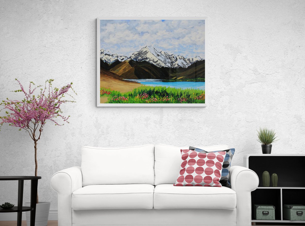 Snowy mountains painting by Olya Shevel