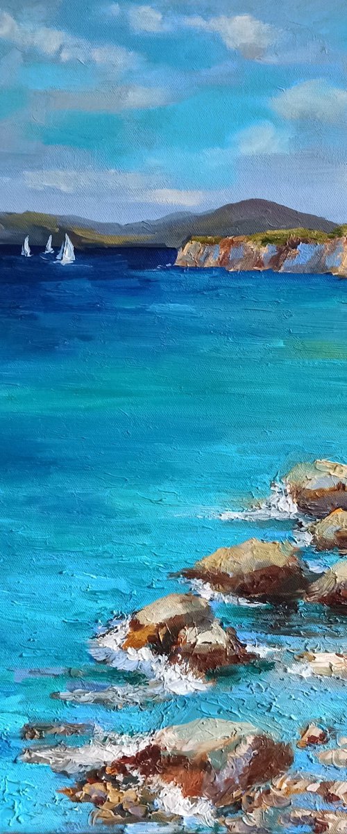 Coastal beach oil painting blue ocean landscape wall decor 20x20" by Leyla Demir