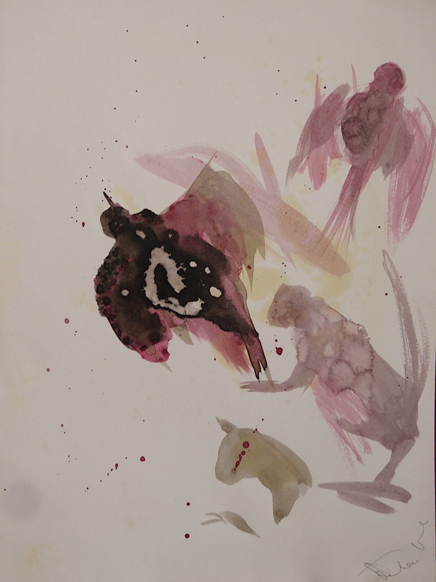 Expressive Animal Ink Drawing By Frederic Belaubre, 9 X 13, Cats And Birds Sketch, Original Artwork