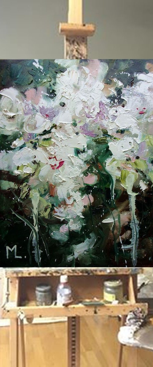 " ESPECIALLY FOR YOU " WHITE ROSES original painting palette knife GIFT MODERN URBAN ART OFFICE ART DECOR HOME DECOR GIFT IDEA by Monika Luniak