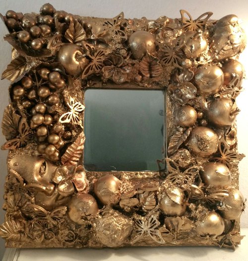 "Artist mirror. Gold" Original  relief mirror 26x26x5cm.ready to hang by Elena Kraft