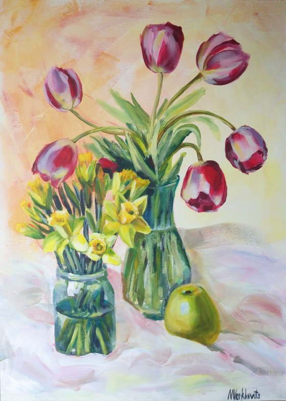 Still life with glass and water.  --- (Gift idea original acrylic painting. Daffodils and spring tulips still life with green apple) 50x70cm canvas on board unframed.