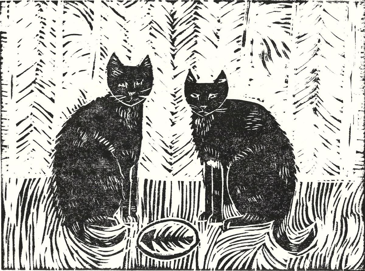 Fish Supper black and white lino print by Mary Stubberfield