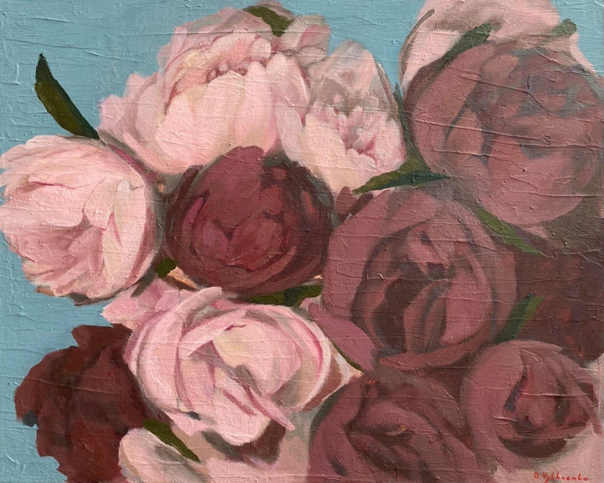 Impressionistic Botanical Oil Painting By Bohdan Vykhrenko, 20 X 16, Peony Flowers, Original Artwork