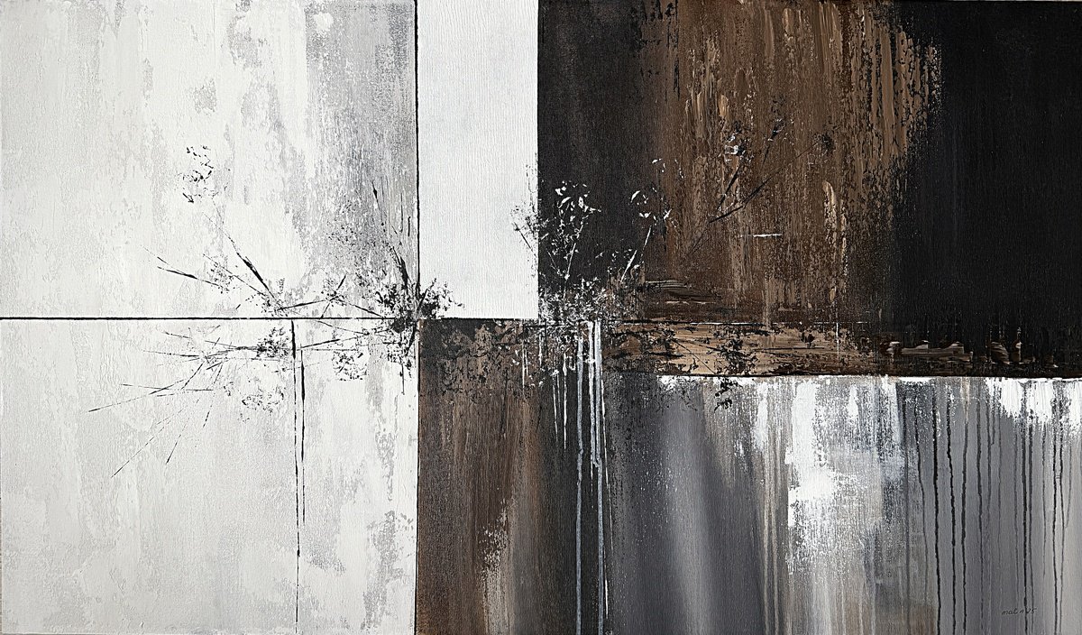 Expressive Abstract Acrylic Painting By Tatiana Malinovscaia, 47 X 28", Monochrome Balance, Original Artwork