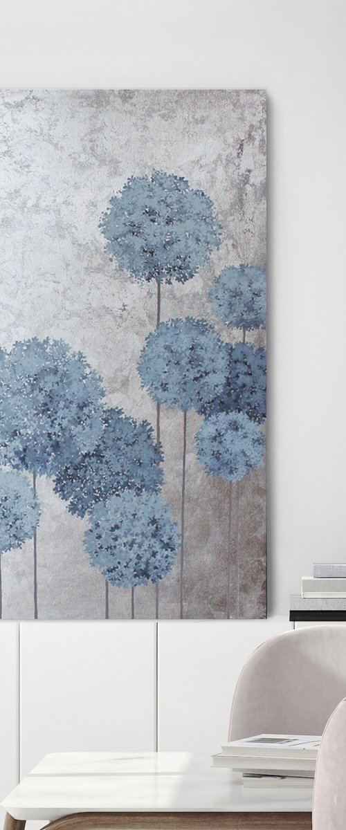 "Flower Balls" Blue silver flowers abstract by Marine Boiko