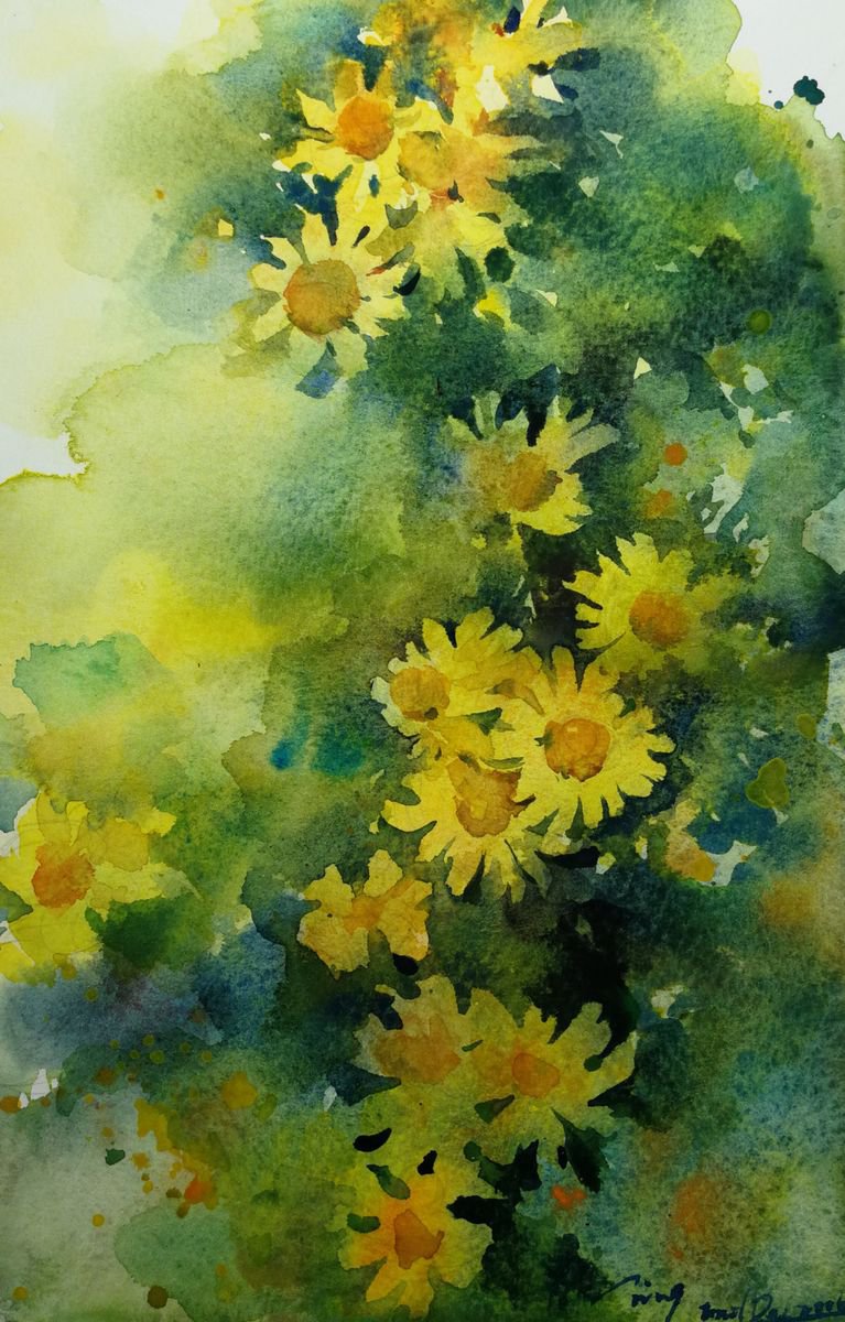 Impressionistic Botanical Watercolour By Jing Chen, 8 X 11, Dasies, Original Artwork
