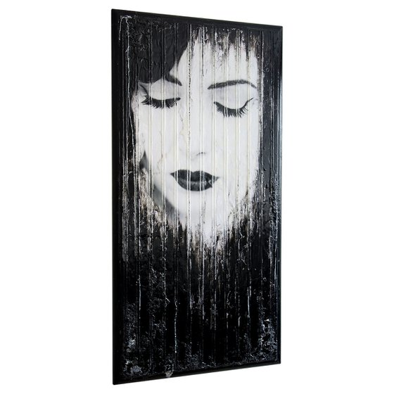 "Nikki IV Revisited" (XXL artwork 134x70x3 cm) - Unique portrait artwork on old tabletop (abstract, portrait, original, resin, beeswax, painting)