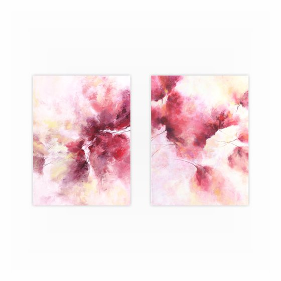 Abstract floral painting, diptych "Love" with loose flowers